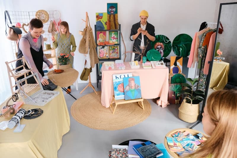 Artists and visitors at a creative studio and craft market
